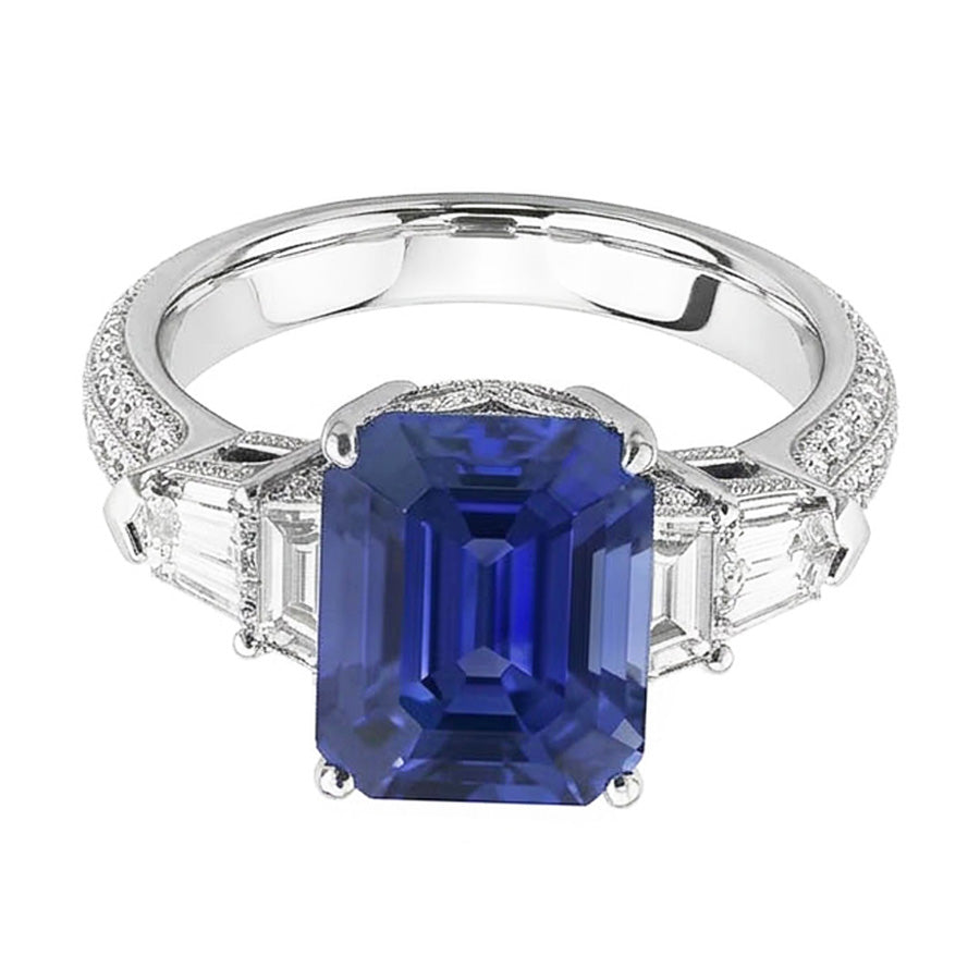 Emerald Natural Earth Mined Diamond Ring Vintage Style Sapphire Baguette Sides 3.50 Carats