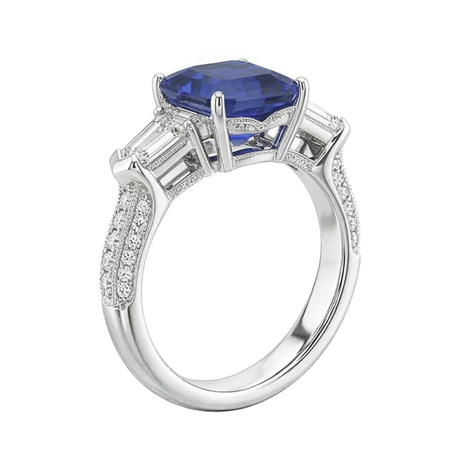 Emerald Natural Earth Mined Diamond Ring Vintage Style Sapphire Baguette Sides 3.50 Carats