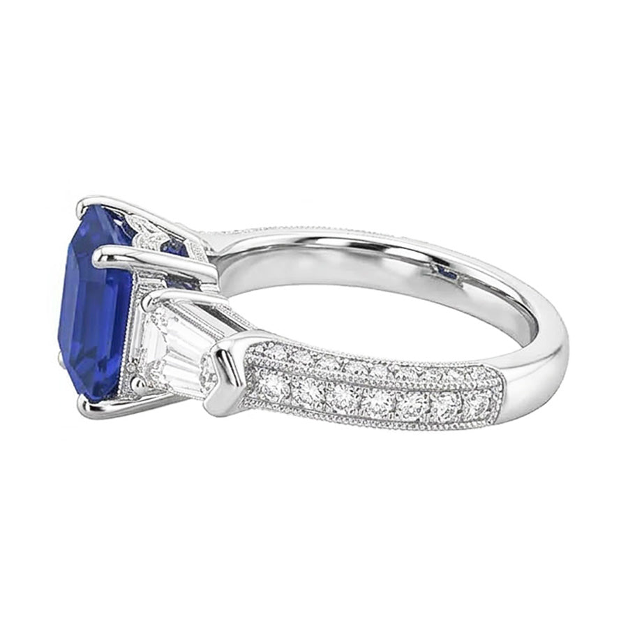 Emerald Natural Earth Mined Diamond Ring Vintage Style Sapphire Baguette Sides 3.50 Carats