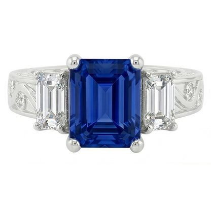 Emerald Natural Earth Mined Diamond Vintage Style Ring 2 Carat Blue Sapphire Radiant Shape