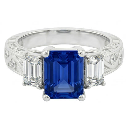 Emerald Natural Earth Mined Diamond Vintage Style Ring 2 Carat Blue Sapphire Radiant Shape