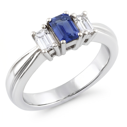 Emerald Natural Earth Mined Diamond & Ceylon Sapphire Ring 3 Stone 2 Carats Tapered Shank