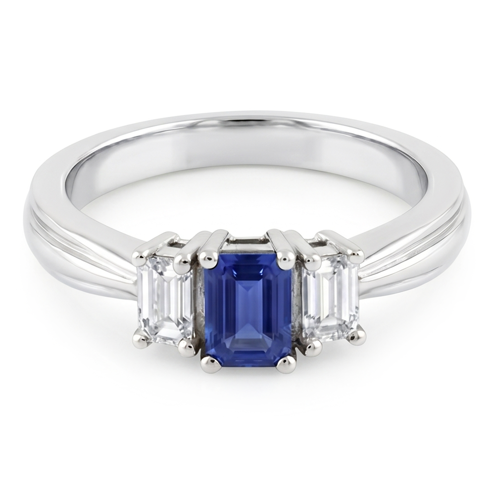 Emerald Natural Earth Mined Diamond & Ceylon Sapphire Ring 3 Stone 2 Carats Tapered Shank