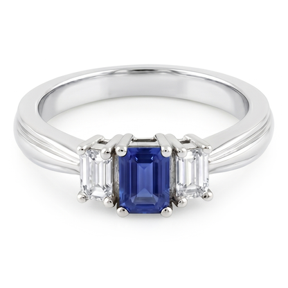 Emerald Natural Earth Mined Diamond & Ceylon Sapphire Ring 3 Stone 2 Carats Tapered Shank