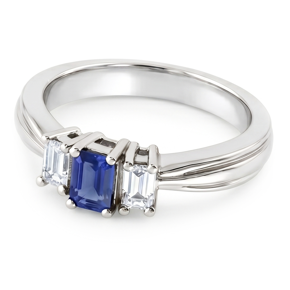 Emerald Natural Earth Mined Diamond & Ceylon Sapphire Ring 3 Stone 2 Carats Tapered Shank