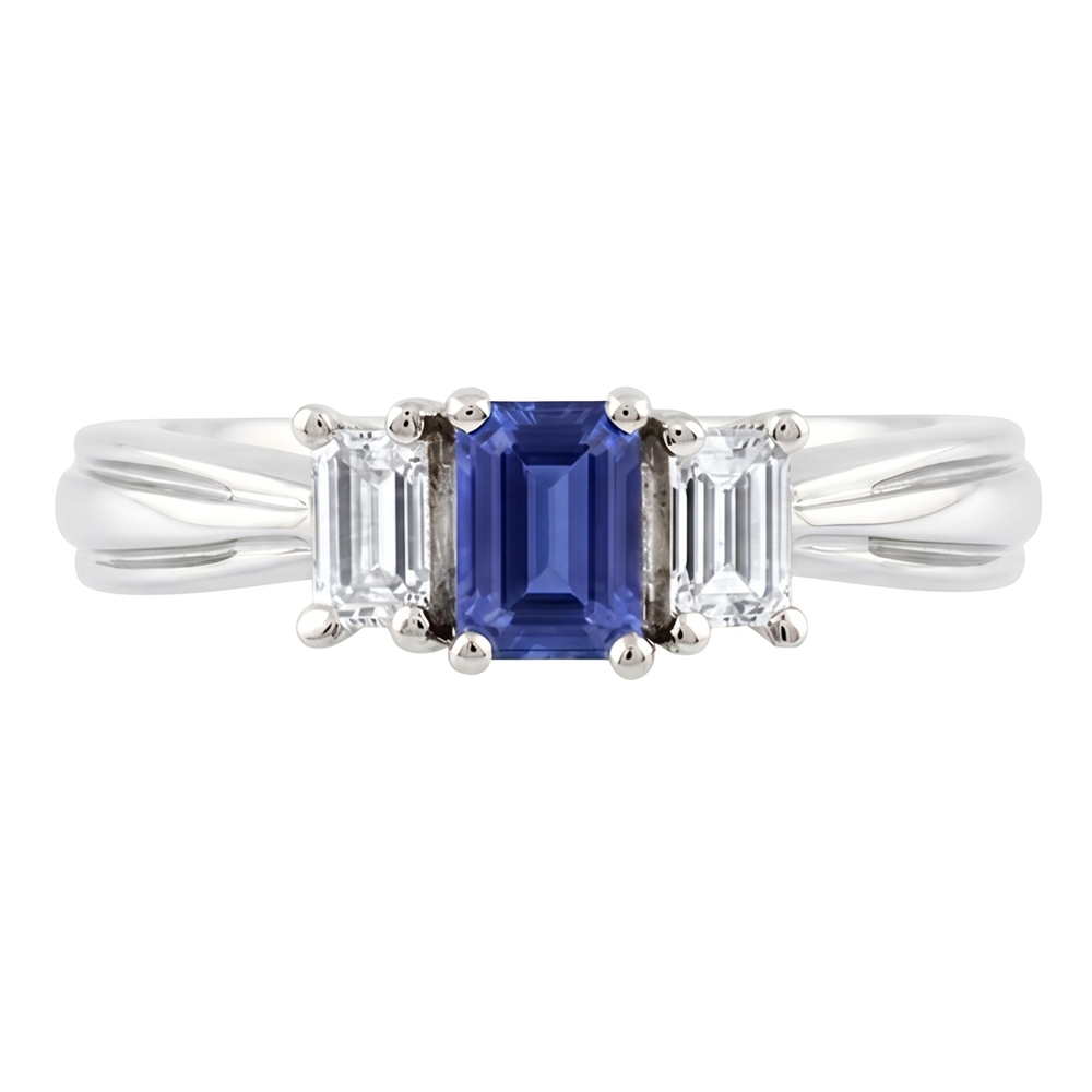 Emerald Natural Earth Mined Diamond & Ceylon Sapphire Ring 3 Stone 2 Carats Tapered Shank