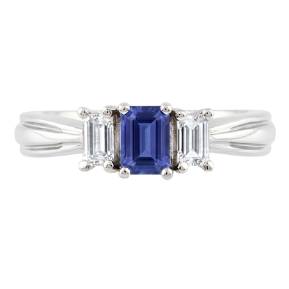 Emerald Natural Earth Mined Diamond & Ceylon Sapphire Ring 3 Stone 2 Carats Tapered Shank