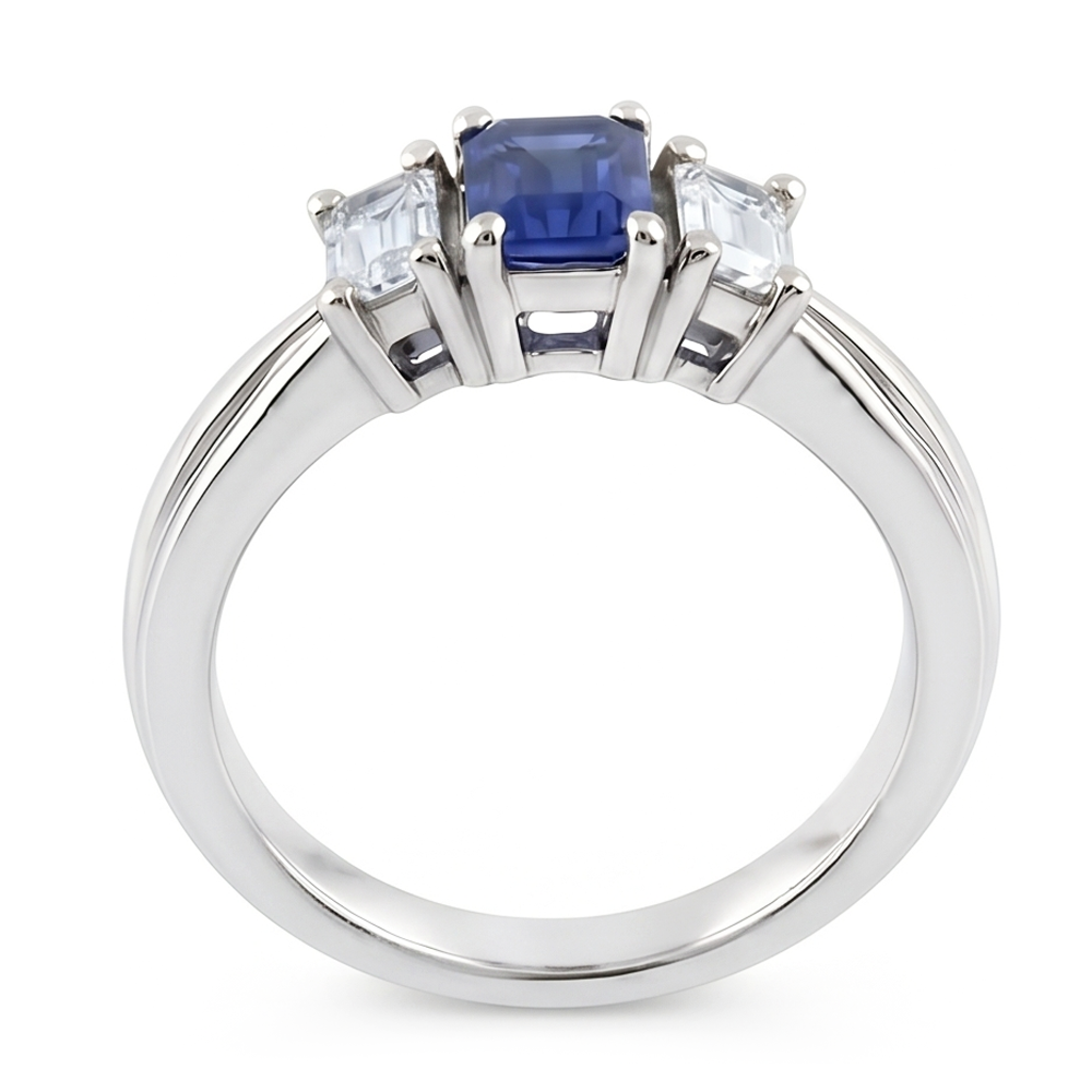Emerald Natural Earth Mined Diamond & Ceylon Sapphire Ring 3 Stone 2 Carats Tapered Shank