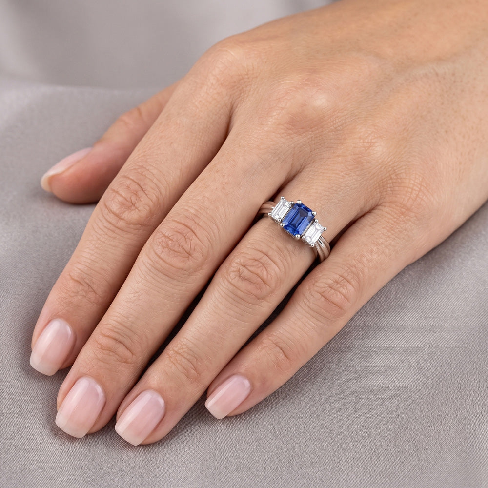 Emerald Natural Earth Mined Diamond & Ceylon Sapphire Ring 3 Stone 2 Carats Tapered Shank