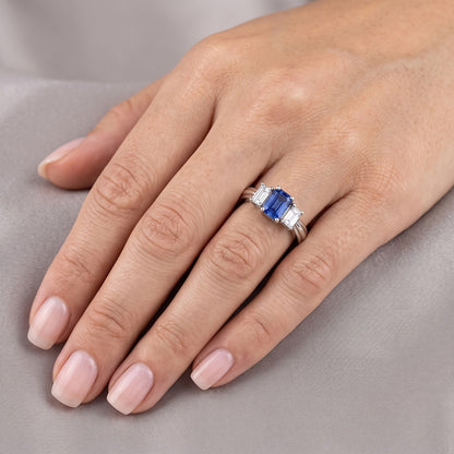Emerald Natural Earth Mined Diamond & Ceylon Sapphire Ring 3 Stone 2 Carats Tapered Shank
