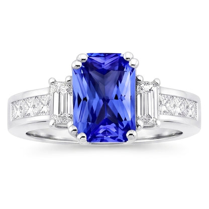 Emerald Natural Earth Mined Diamond & Sapphire Ring 3 Stone Style 4.50 Carats Channel Set
