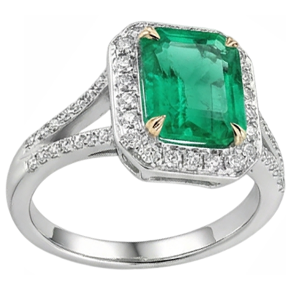 Natural Real ( Not Lab Grown ) Emerald GIA Shape Green Emerald GIA & Diamond Wedding Ring Split Shank