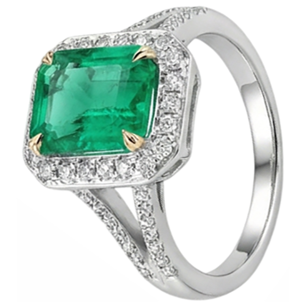 Natural Real ( Not Lab Grown ) Emerald GIA Shape Green Emerald GIA & Diamond Wedding Ring Split Shank