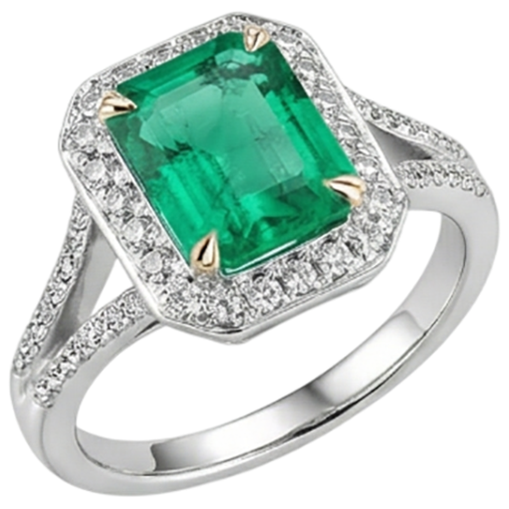 Natural Real ( Not Lab Grown ) Emerald GIA Shape Green Emerald GIA & Diamond Wedding Ring Split Shank