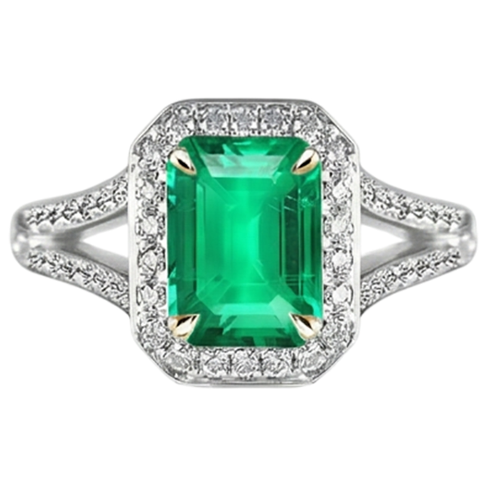 Natural Real ( Not Lab Grown ) Emerald GIA Shape Green Emerald GIA & Diamond Wedding Ring Split Shank