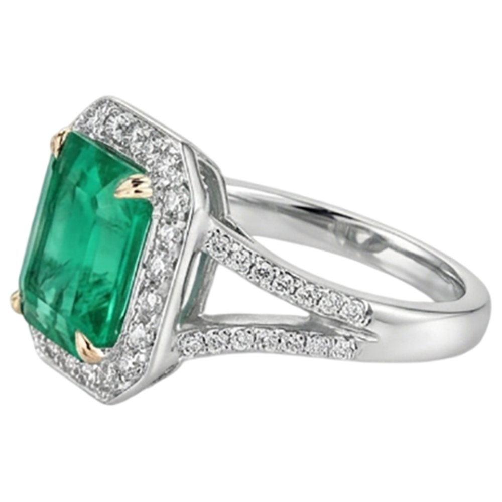 Natural Real ( Not Lab Grown ) Emerald GIA Shape Green Emerald GIA & Diamond Wedding Ring Split Shank