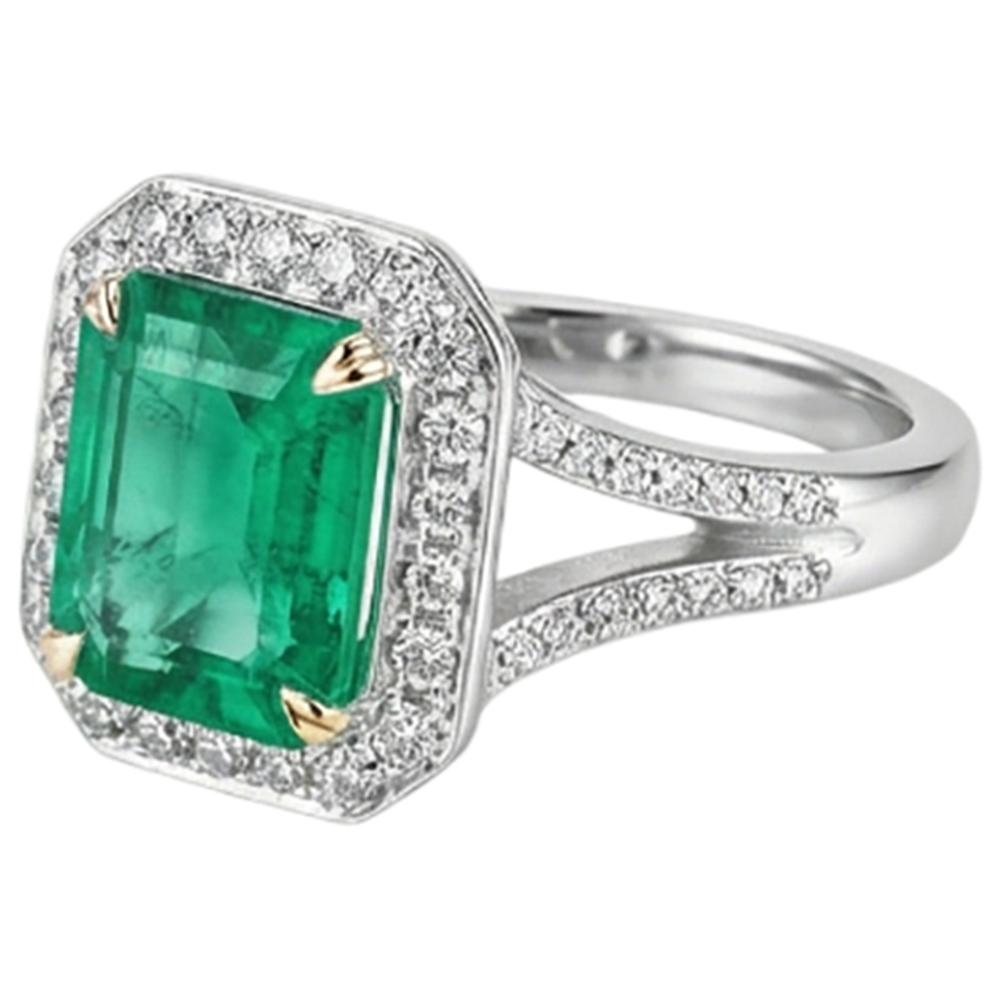 Natural Real ( Not Lab Grown ) Emerald GIA Shape Green Emerald GIA & Diamond Wedding Ring Split Shank