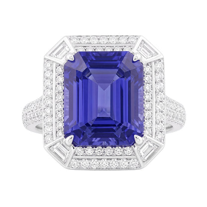 Emerald Shaped Natural Earth Mined Diamond Blue Sapphire Ring 4.50 Carats Pave Set Accents