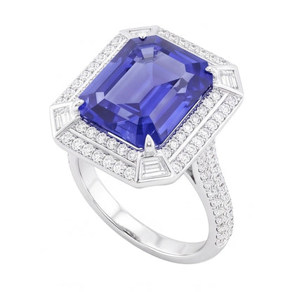 Emerald Shaped Natural Earth Mined Diamond Blue Sapphire Ring 4.50 Carats Pave Set Accents