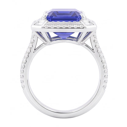 Emerald Shaped Natural Earth Mined Diamond Blue Sapphire Ring 4.50 Carats Pave Set Accents