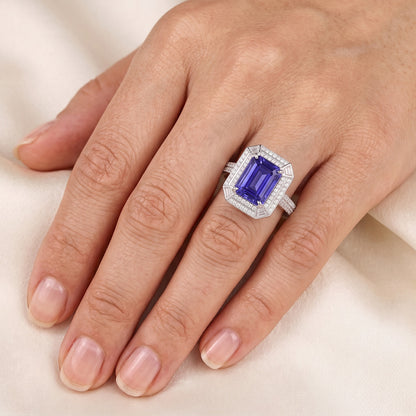 Emerald Shaped Natural Earth Mined Diamond Blue Sapphire Ring 4.50 Carats Pave Set Accents