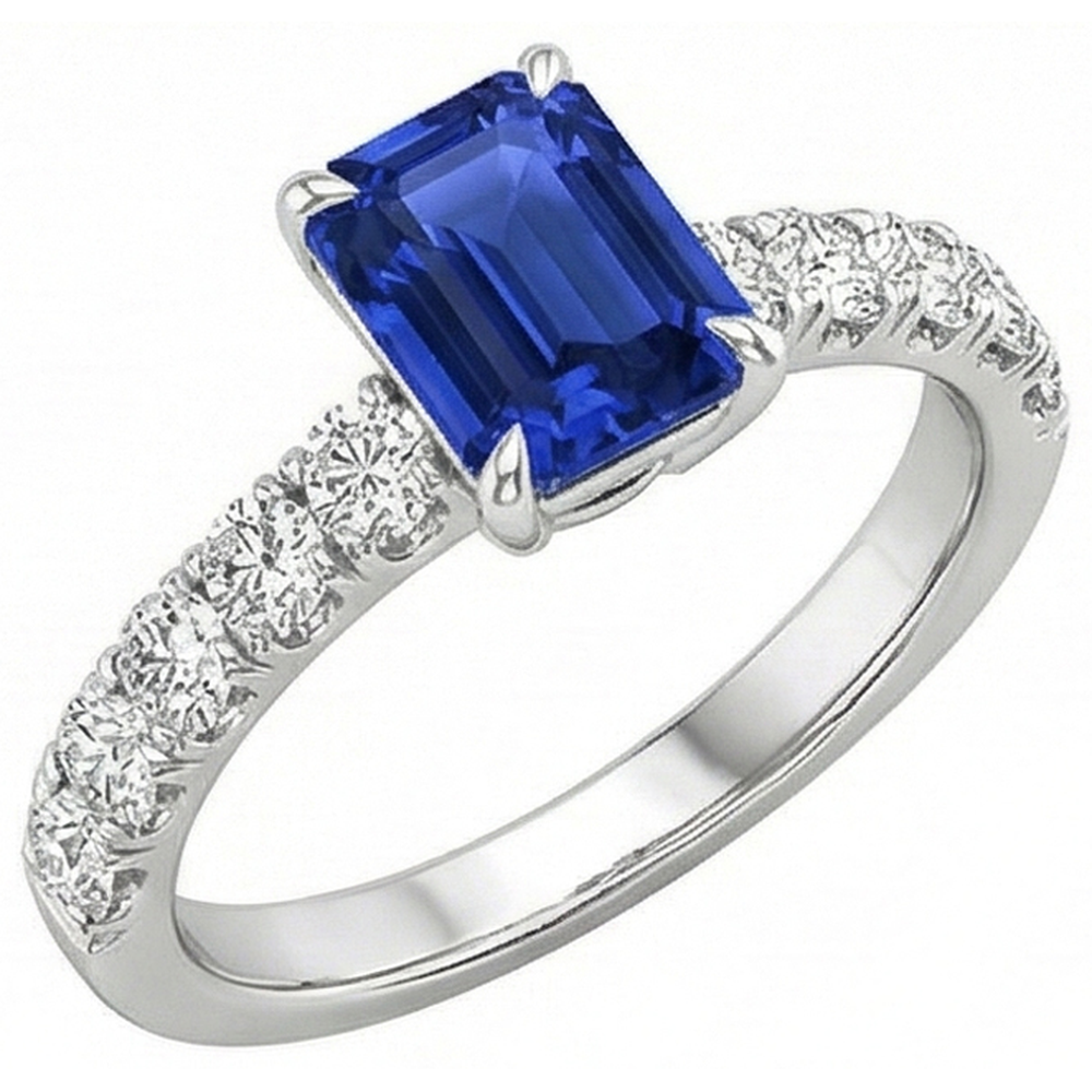 Emerald Solitaire Accents Ring Blue Sapphire & Natural Earth Mined Diamond 4.25 Carats