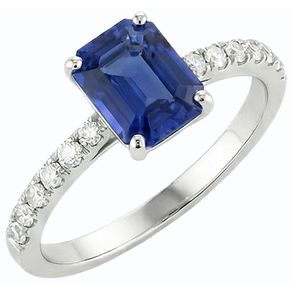 Emerald Solitaire Blue Sapphire Ring & Pave Set Natural Earth Mined Diamonds 2.50 Carats