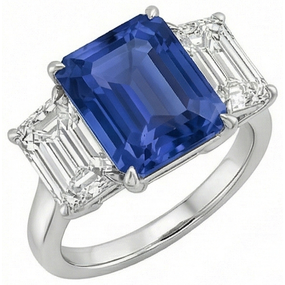 Natural Real ( Not Lab Grown )  Emerald Three Stone Blue Sapphire Ring 3 Carats Gold Jewelry