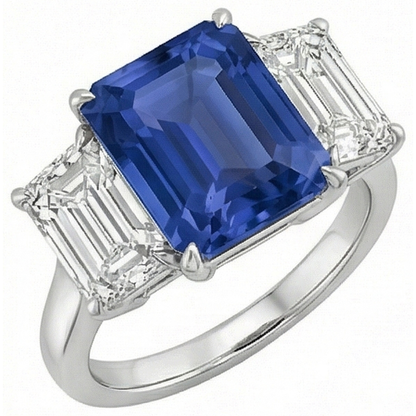 Natural Real ( Not Lab Grown )  Emerald Three Stone Blue Sapphire Ring 3 Carats Gold Jewelry