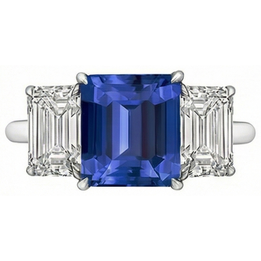Natural Real ( Not Lab Grown )  Emerald Three Stone Blue Sapphire Ring 3 Carats Gold Jewelry