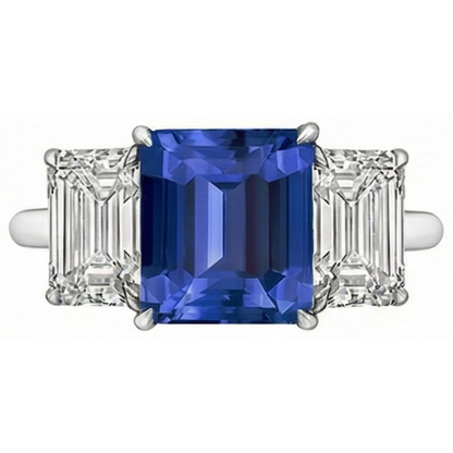 Natural Real ( Not Lab Grown )  Emerald Three Stone Blue Sapphire Ring 3 Carats Gold Jewelry