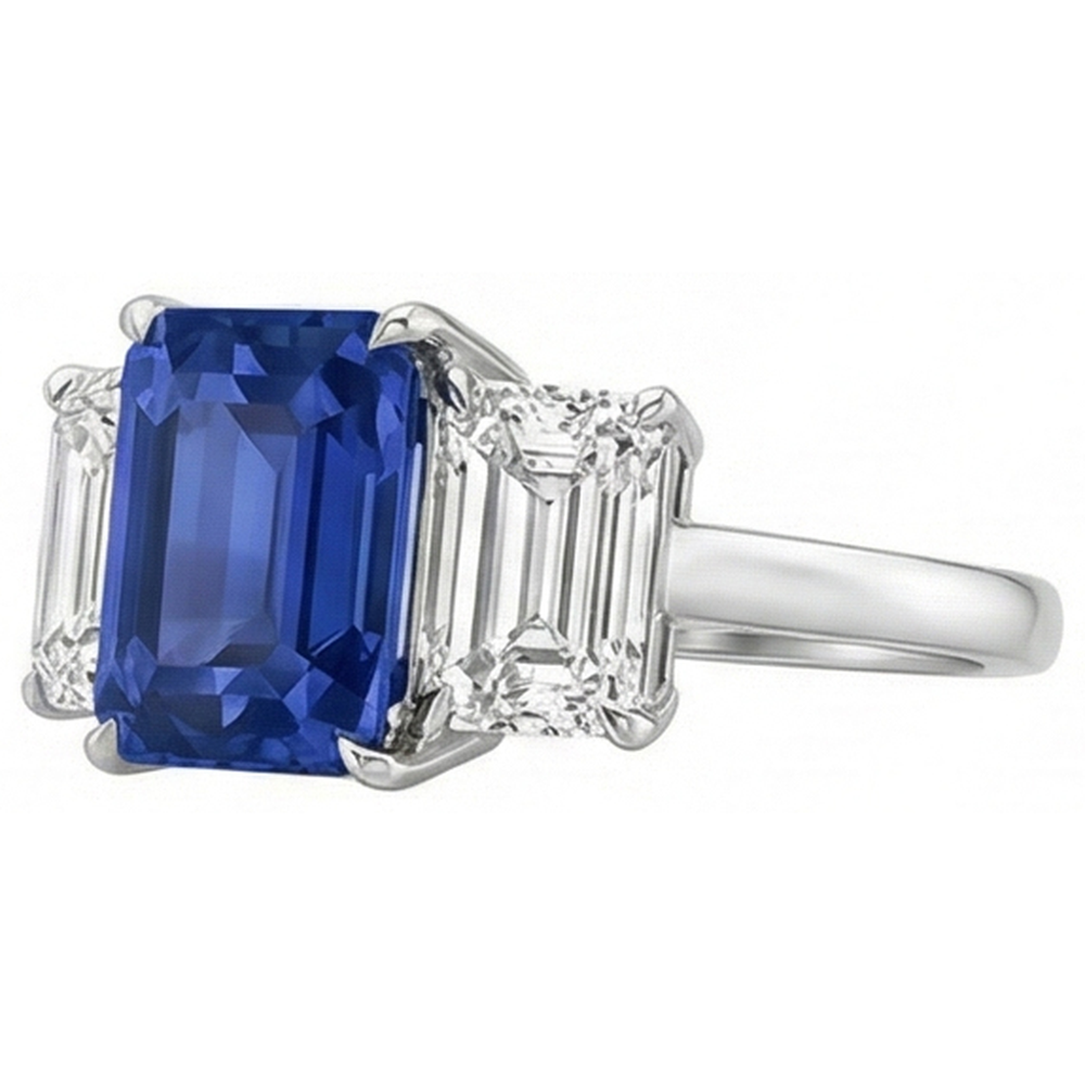 Natural Real ( Not Lab Grown )  Emerald Three Stone Blue Sapphire Ring 3 Carats Gold Jewelry