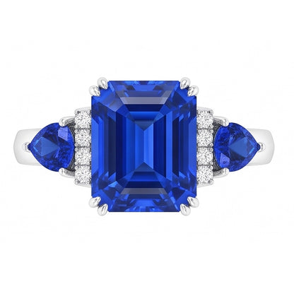 Emerald Three Stone Blue Sapphire Ring & Natural Earth Mined Diamonds 3 Carats