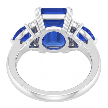 Emerald Three Stone Blue Sapphire Ring & Natural Earth Mined Diamonds 3 Carats