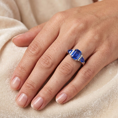 Emerald Three Stone Blue Sapphire Ring & Natural Earth Mined Diamonds 3 Carats