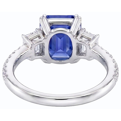 Emerald Three Stone Blue Sapphire Ring & Pave Set Natural Earth Mined Diamonds 3 Carats