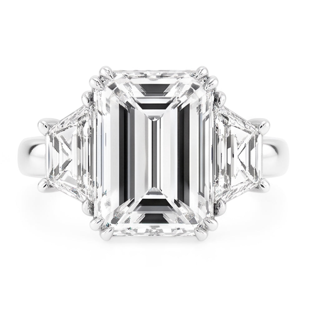 Emerald Trapezoid Big Natural Real Diamond ( Not Lab Grown ) Three Stone Ring 9 Carats