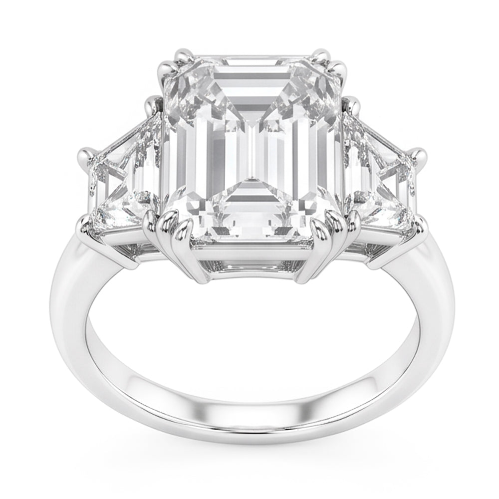 Emerald Trapezoid Big Natural Real Diamond ( Not Lab Grown ) Three Stone Ring 9 Carats
