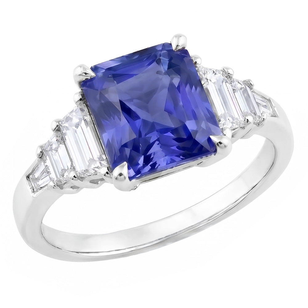 Emerald & Baguette Natural Earth Mined Diamond Blue Sapphire Anniversary Ring New 4 Carats