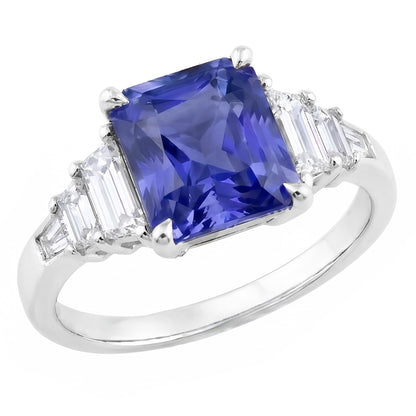 Emerald & Baguette Natural Earth Mined Diamond Blue Sapphire Anniversary Ring New 4 Carats