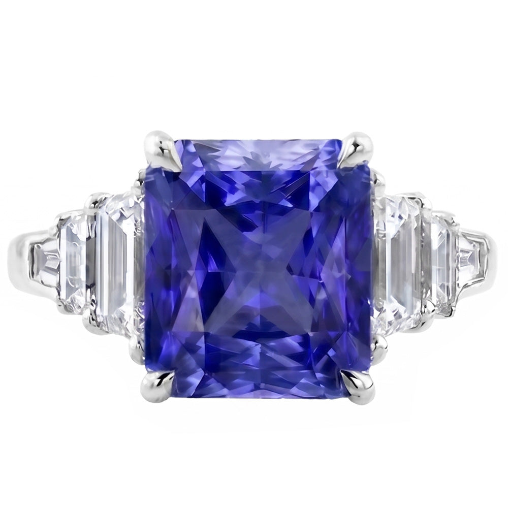 Emerald & Baguette Natural Earth Mined Diamond Blue Sapphire Anniversary Ring New 4 Carats