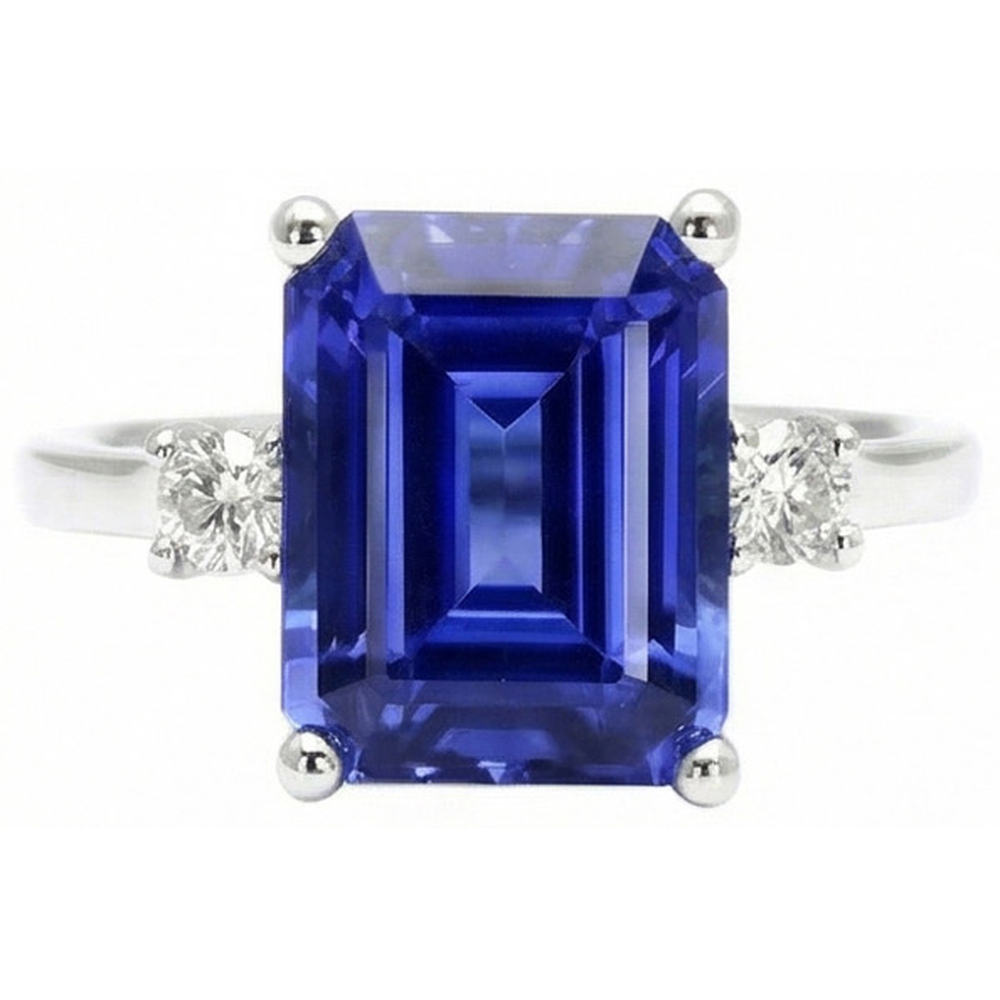 Emerald & Round Cut 3 Ct Ceylon Sapphire Natural Earth Mined Diamonds Ring White Gold 14K