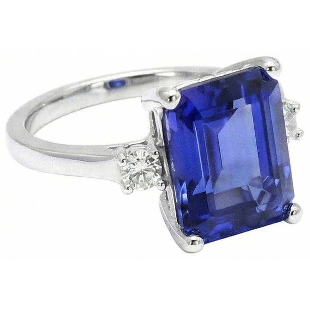 Emerald & Round Cut 3 Ct Ceylon Sapphire Natural Earth Mined Diamonds Ring White Gold 14K