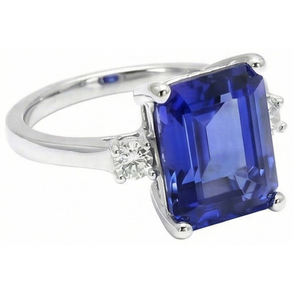 Emerald & Round Cut 3 Ct Ceylon Sapphire Natural Earth Mined Diamonds Ring White Gold 14K