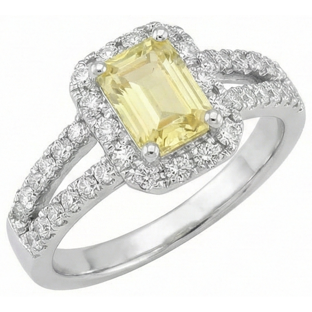 Emerald & Round Cut 4 Ct Yellow Sapphire Natural Earth Mined Diamonds Ring White Gold 14K
