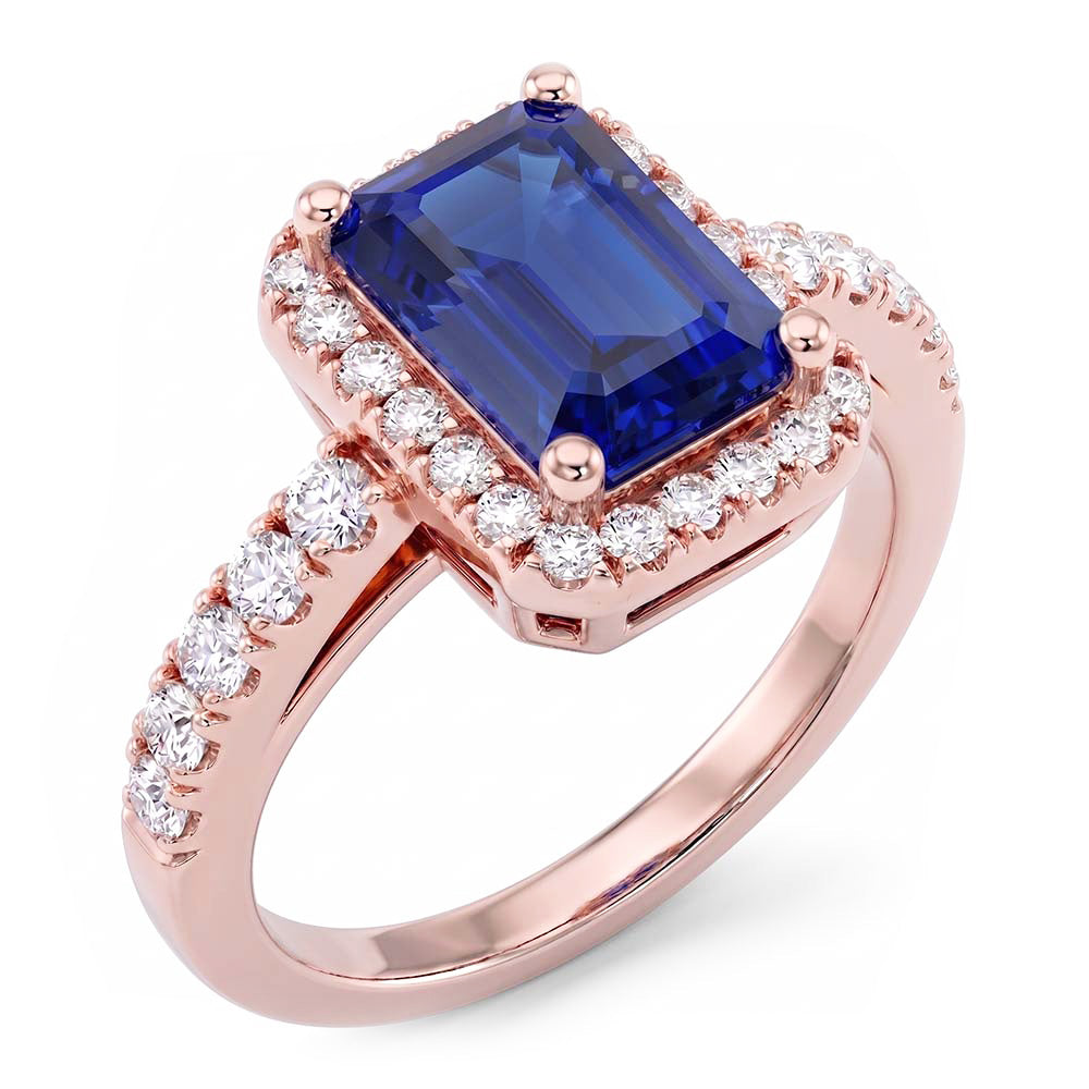 Emerald & Round Natural Earth Mined Diamond Halo Ring Blue Sapphire 3.50 Carats Rose Gold