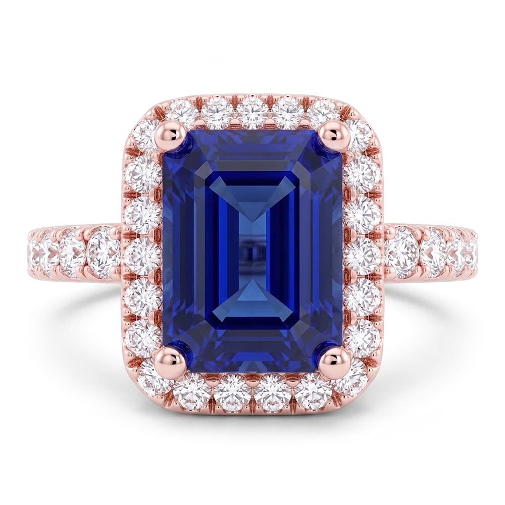 Emerald & Round Natural Earth Mined Diamond Halo Ring Blue Sapphire 3.50 Carats Rose Gold