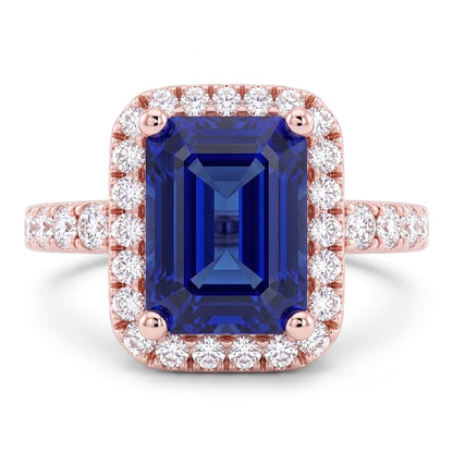Emerald & Round Natural Earth Mined Diamond Halo Ring Blue Sapphire 3.50 Carats Rose Gold