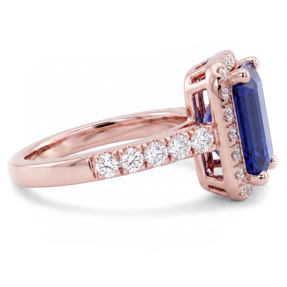 Emerald & Round Natural Earth Mined Diamond Halo Ring Blue Sapphire 3.50 Carats Rose Gold