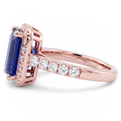 Emerald & Round Natural Earth Mined Diamond Halo Ring Blue Sapphire 3.50 Carats Rose Gold